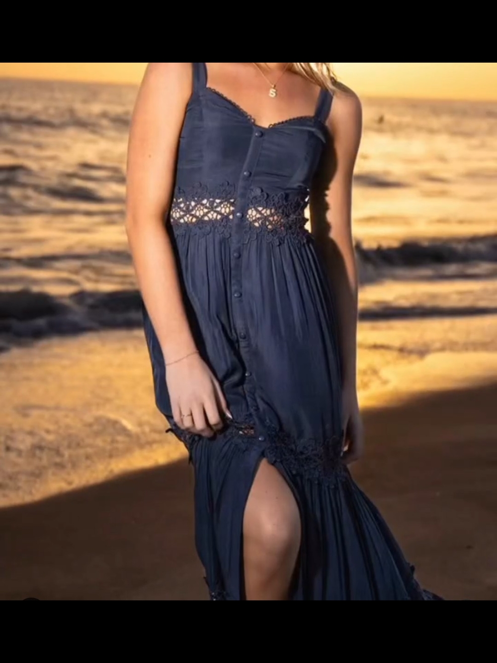 Navy Crochet Waist Button-Front Maxi Dress